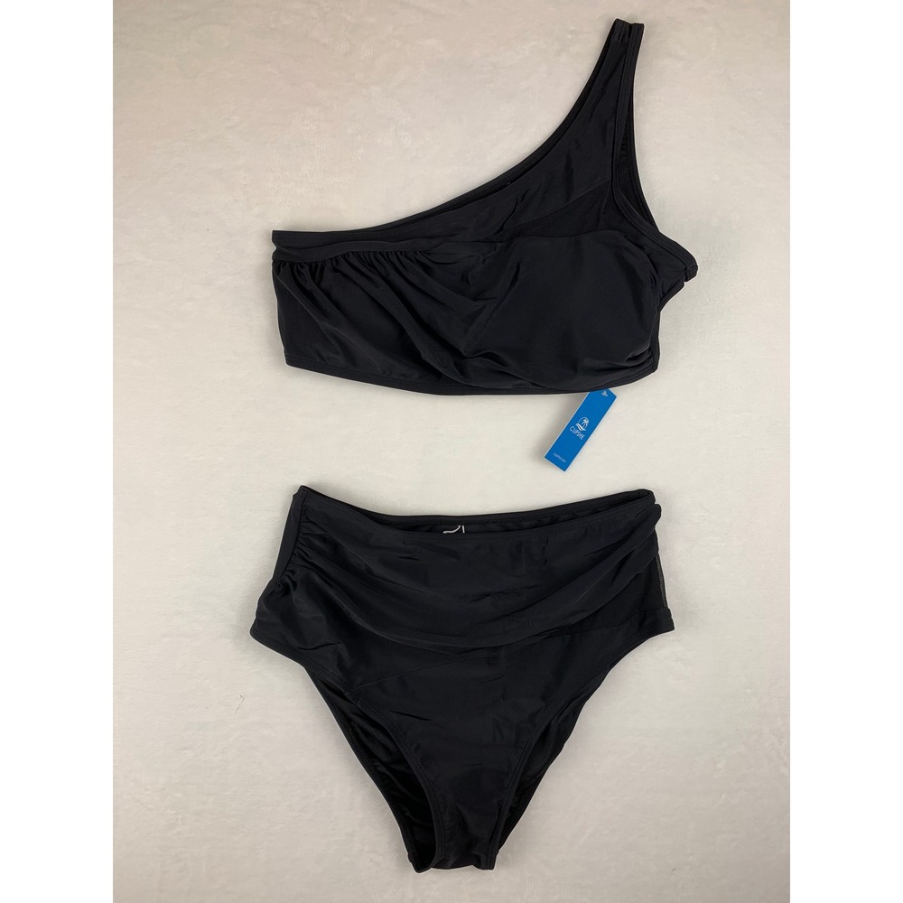 NWT Cupshe Black One Shoulder Mesh Ruched Bikini Set Swimsuit Size Large